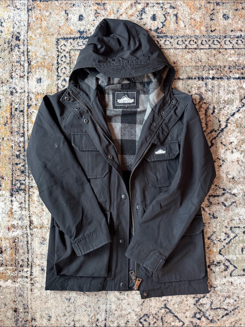 Penfield Black Hooded Field Jacket with Plaid Lining